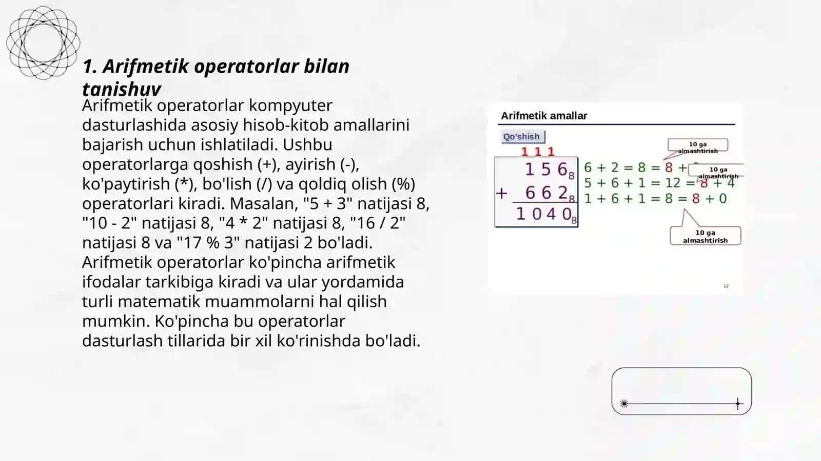 Pythonda arifmetik, mantiqiy operatorlar va ularning tadbiqi 3