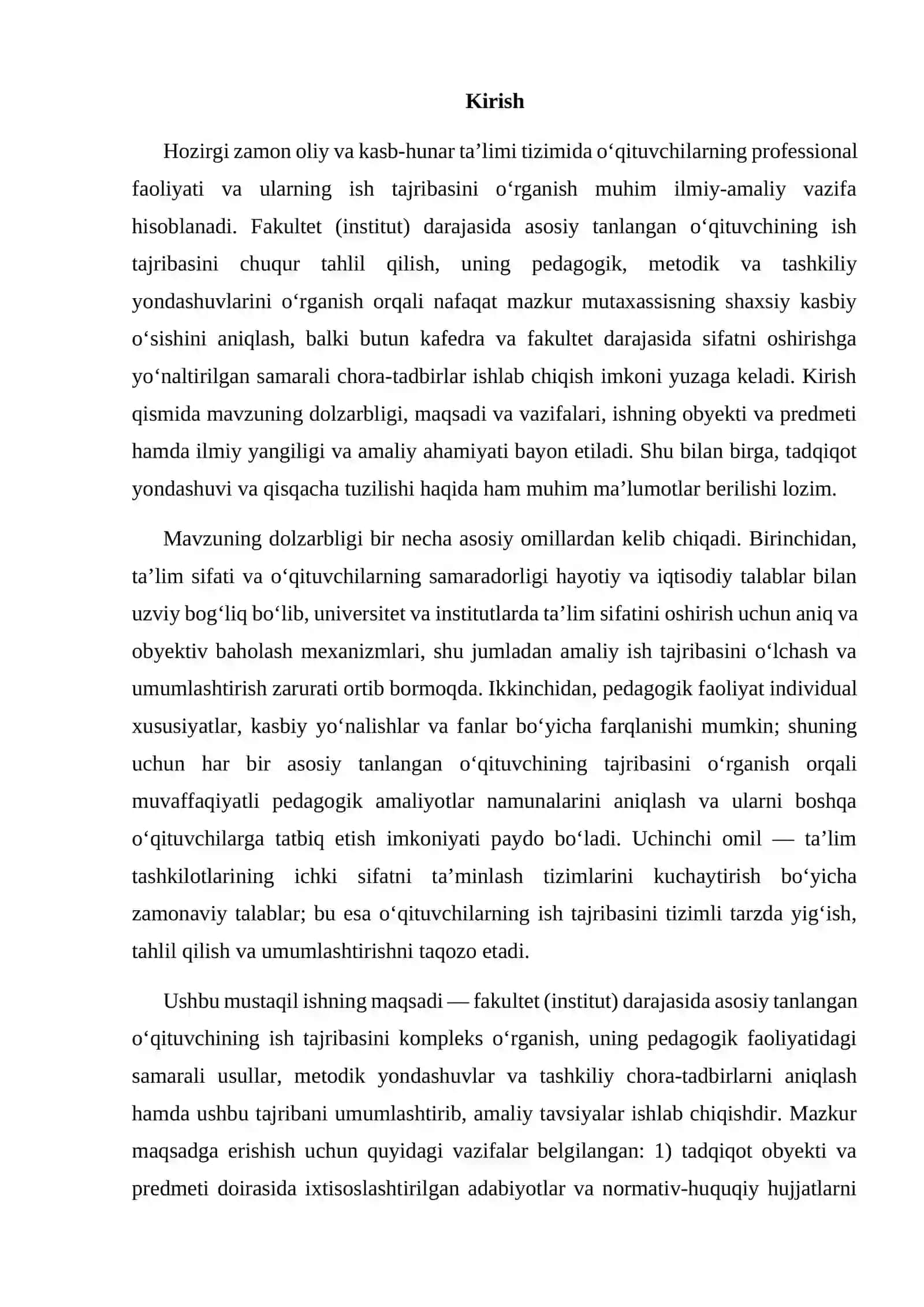 Fakultet (institut) da asosiy tanlangan o'qituvchining ish tajribasini o'rganish va umumlashtirish 3