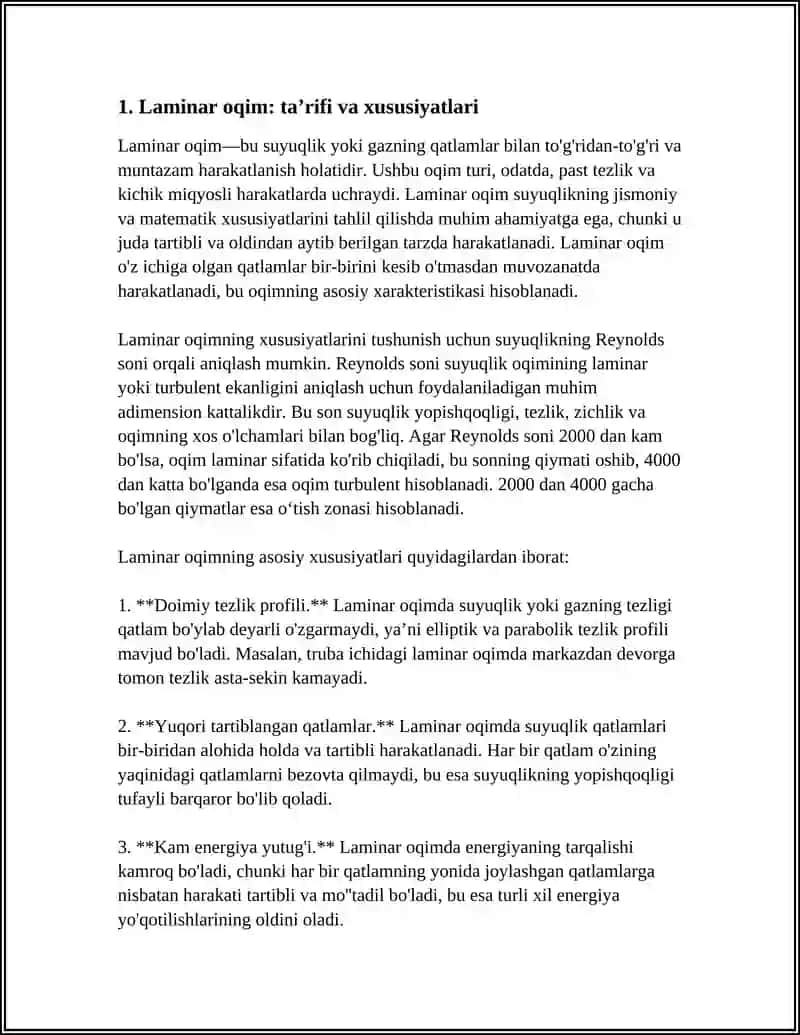 LAMINAR VA TURBULENT OQIMLAR.REYNOLDS SONI 3