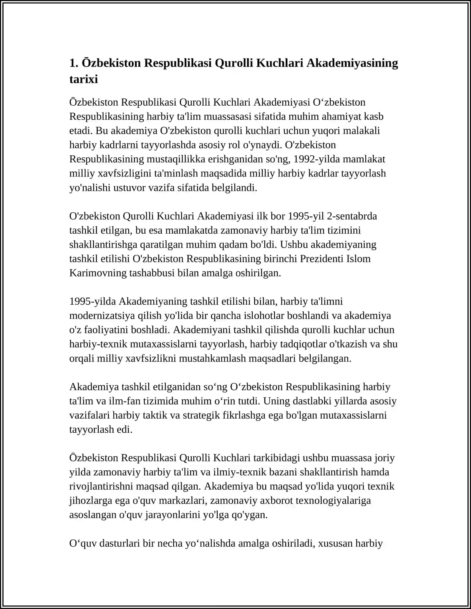 ŌZBEKISTON RESPUBLIKASI QUROLLI KUCHLARI AKADEMYASI REFERAT 3