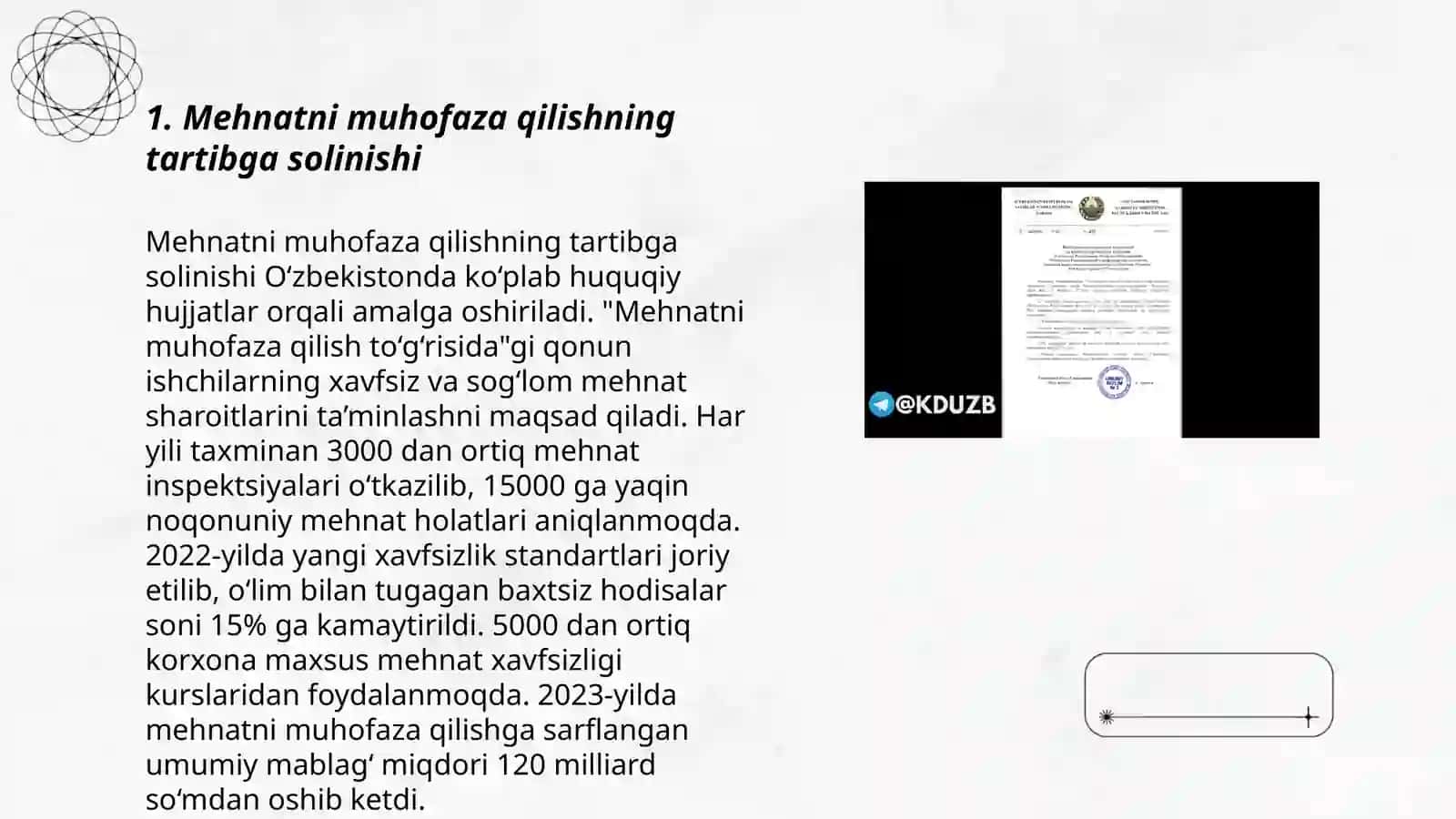 O’zbekiston Respublikasi Vazirlar Mahkamasi qaroriga asosan 273- sonli namunaviy nizomning mehnatni muhofaza qilish sohasida tutgan o’rni 3