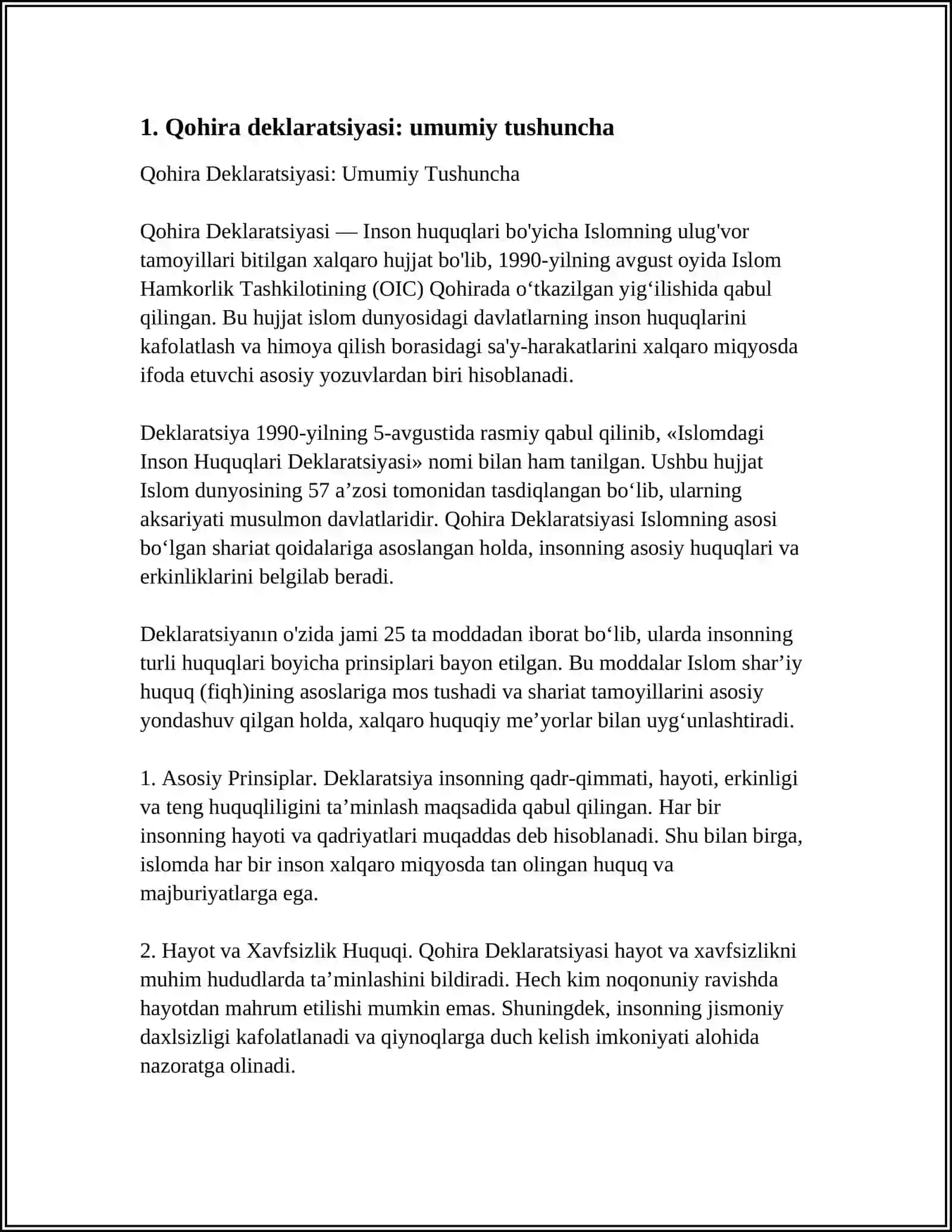 QOHIRA DEKLARATSIYASI HAQIDA TAHLILIY MAQOLA TAYYORLASH 3