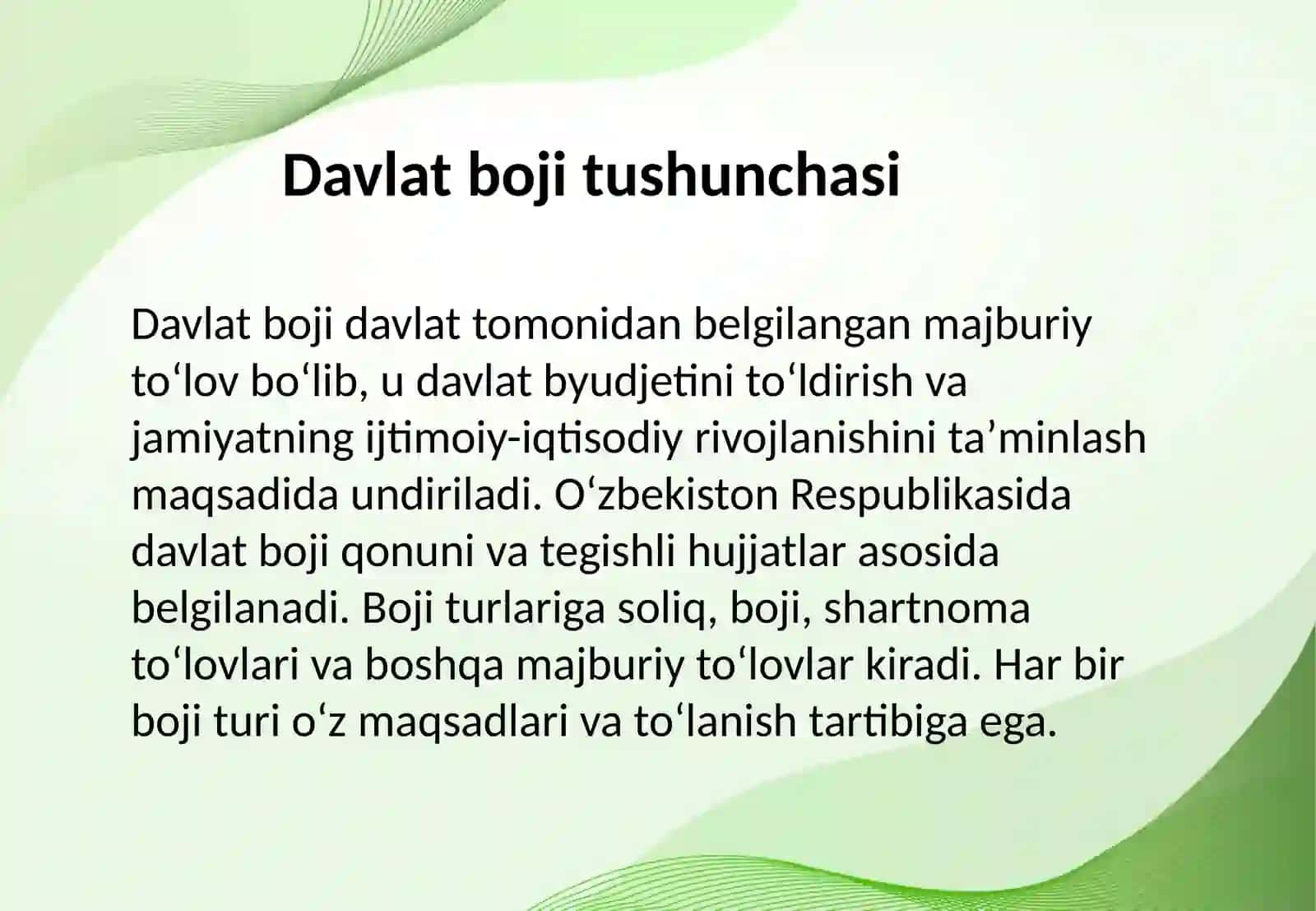 Davlat boji tushunchasi uni toʻlash va davlat boji stafkalarining miqdorini Oʻzbekiston respublikasi davlat boji toʻgʻrisidagi qonun va tegishli hujjatlar hamda protsessual qonunchilik. 3