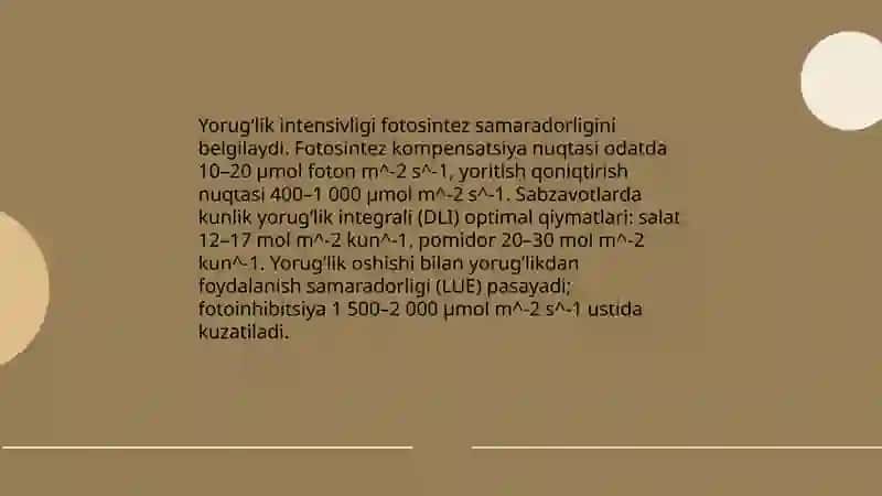 Yorugʻlikning sabzavotlarning oʻsishi, rivojlanishi va hosildorligiga ta'siri 3