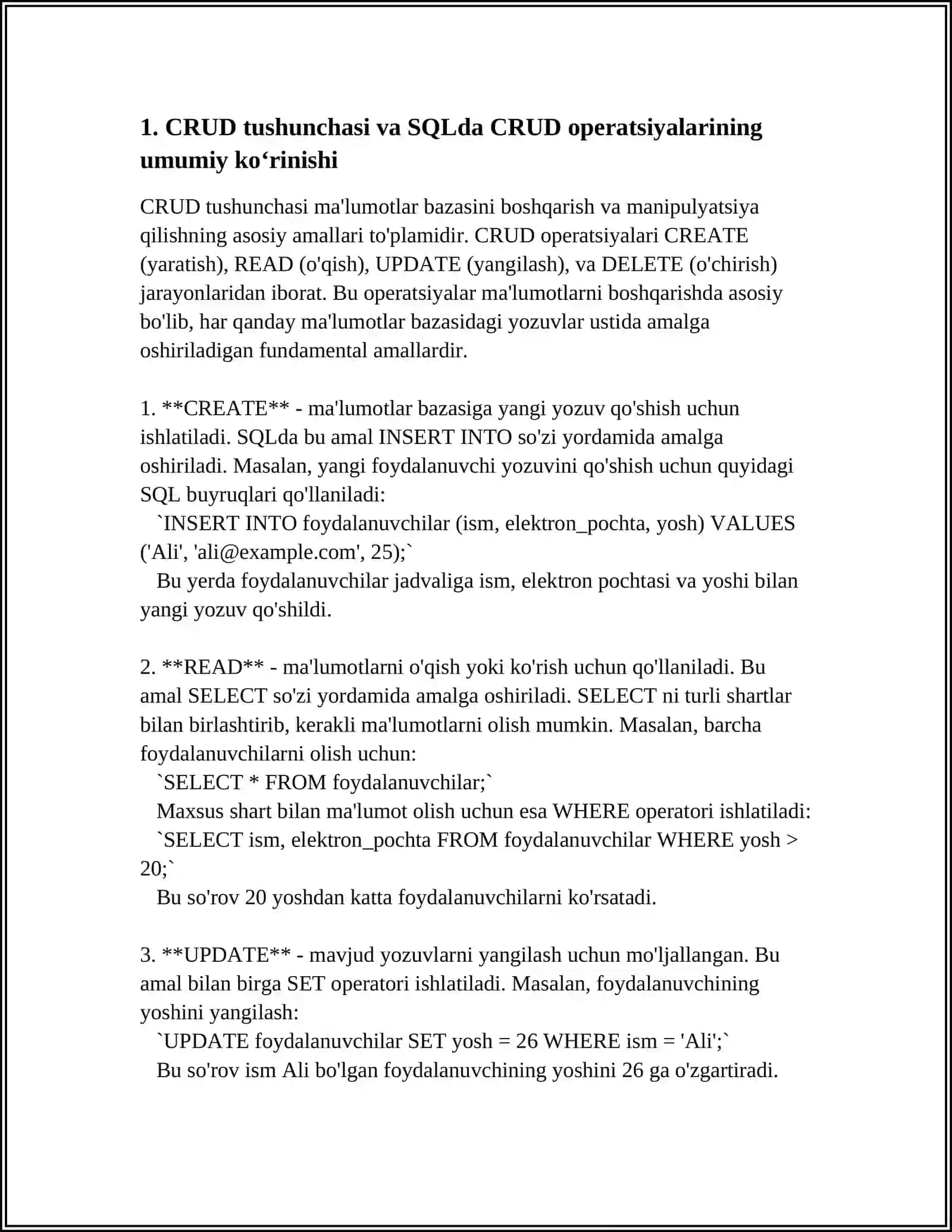 SQL YORDAMIDA MA’LUMOTLARNI BOSHQARISH (CRUD OPERATSIYALARI) 3
