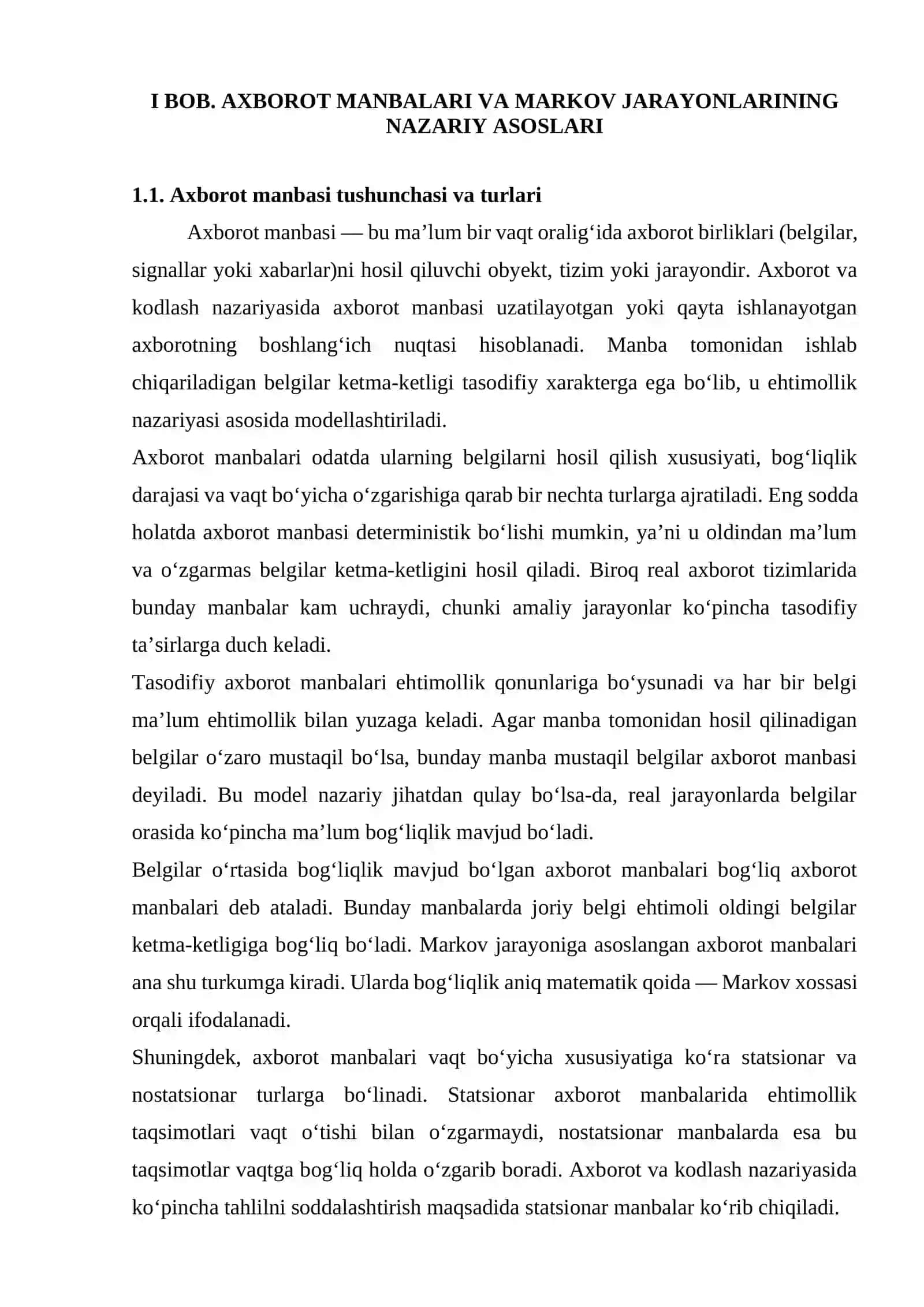 Axborot va kodlash nazariyasida Markov jarayoniga asoslangan axborot manbalari. 3
