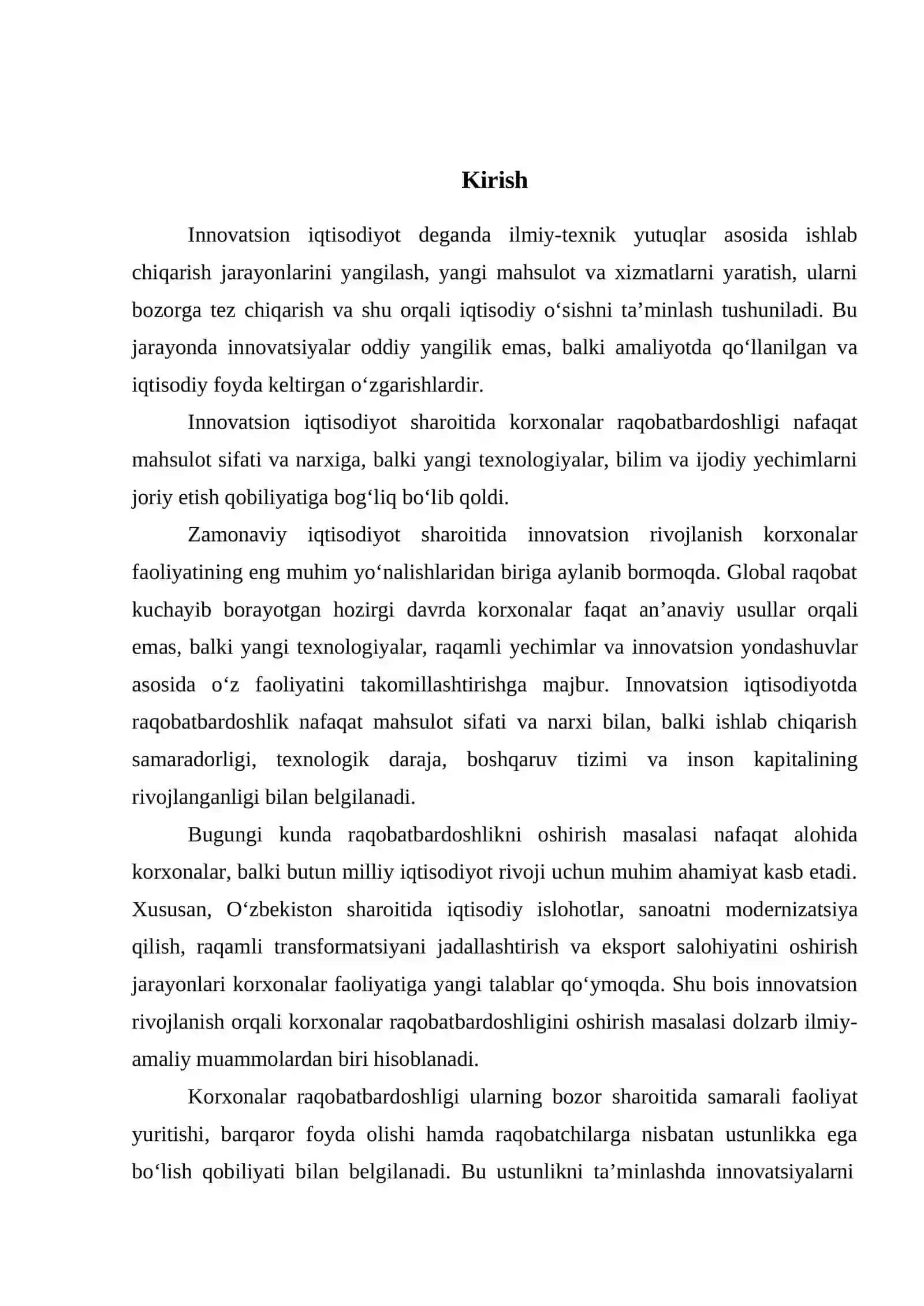 Innovatsion iqtisodiyot sharoitida korxonalar raqobat bardoshligini oshirish | Bitiruv Malakaviy Ish BMI 3