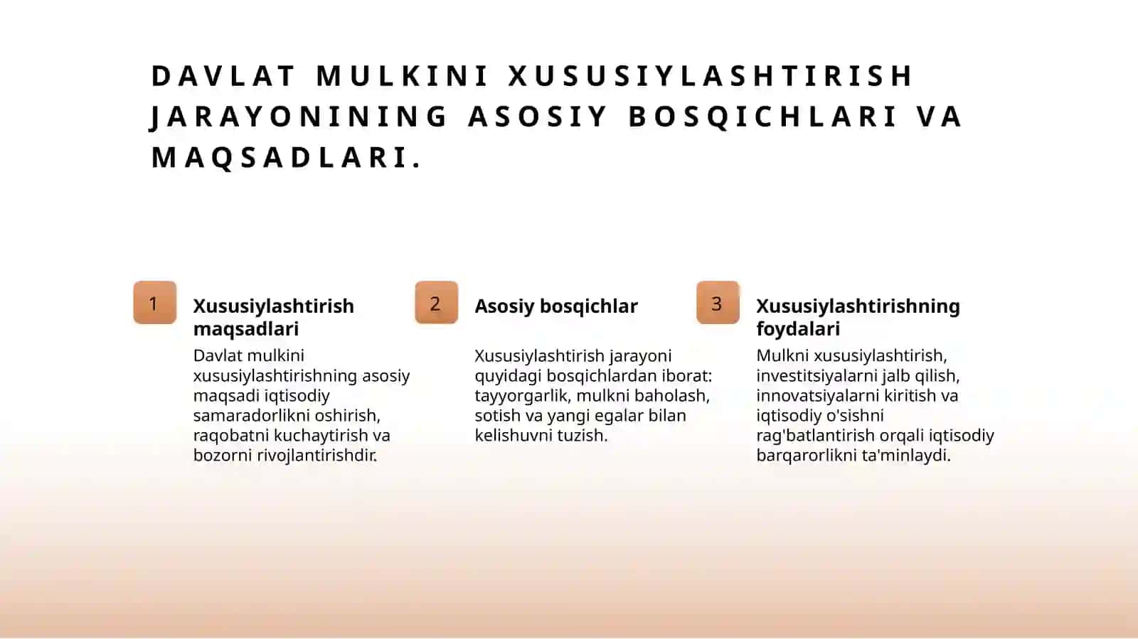 Oʻzbekistonda mulkni davlat tasarrufidan chiqarish va xususiylashtirish maqsadi yoʻllari va usullari 3