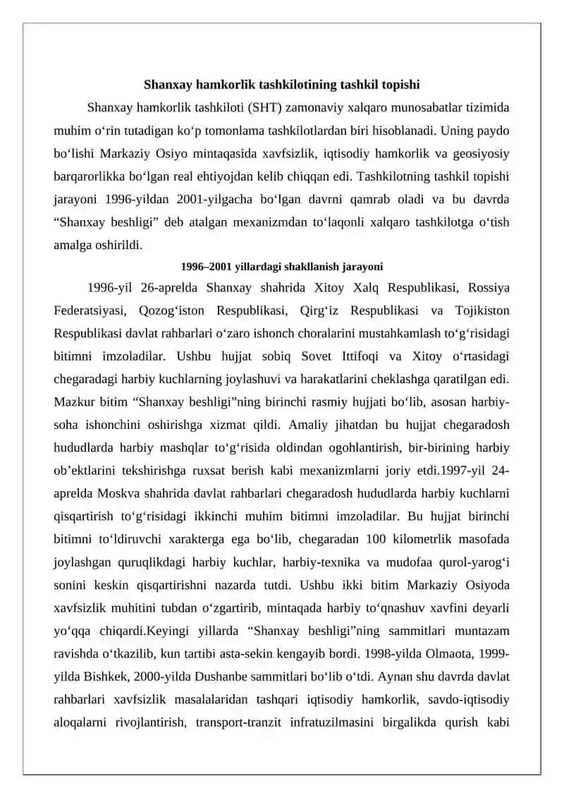 Shanxay hamkorlik tashkiloti va uning faoliyati 3
