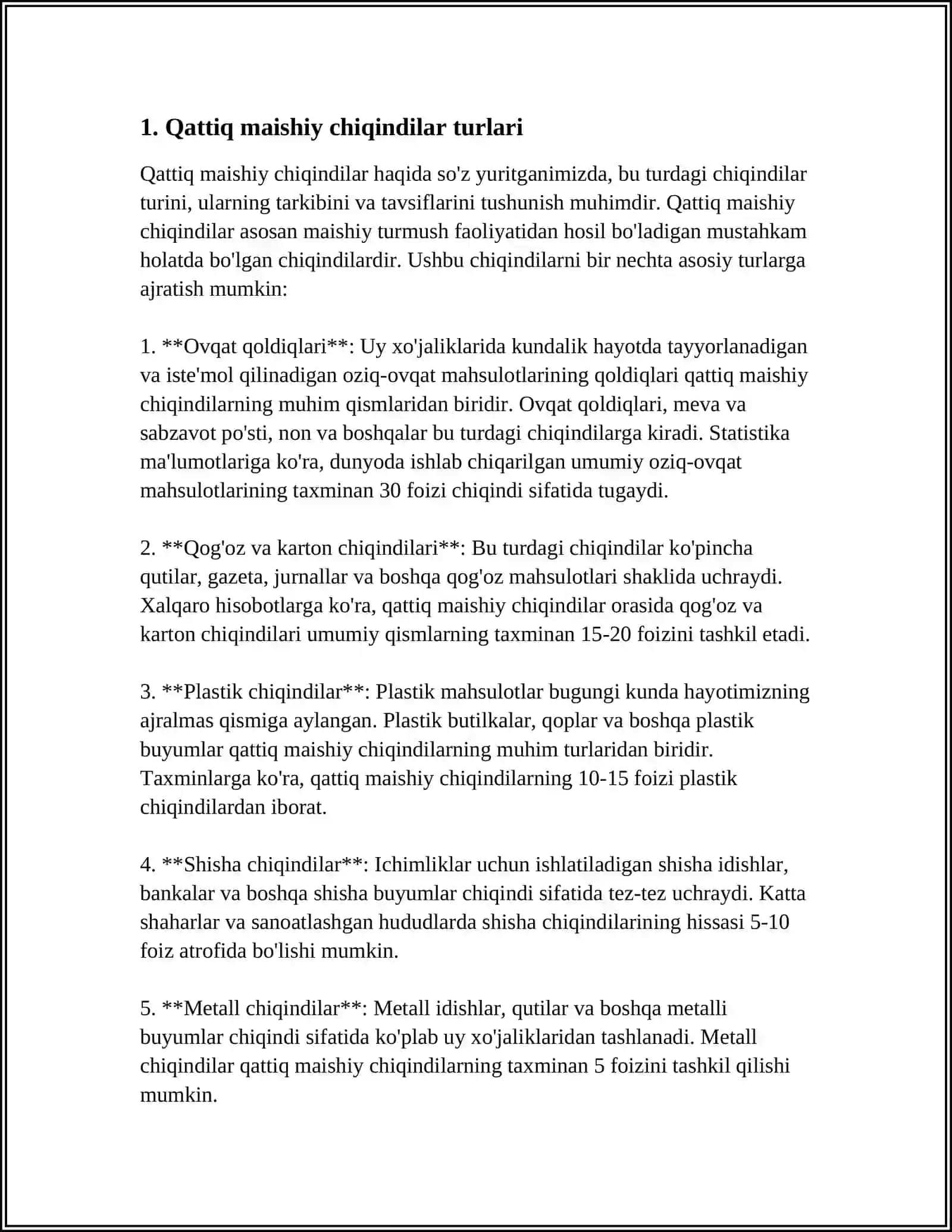 QATTIQ MAISHIY CHIQINDILAR,ULARNI QAYTA ISHLASH VA KOʻMISH MUAMMOLARI 3