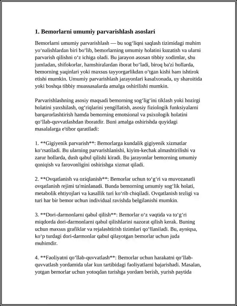 REFERAT Mavzu: BEMORLARNI UMUMIY PARVARISHLASH TUSHUNCHASI.BEMORLARNI UMUMIY PARVARISHLASHNI TASHKI 3