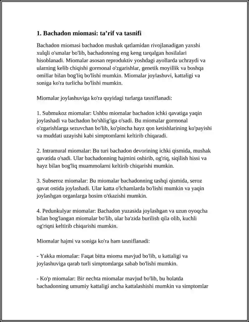BACHADON MIOMASI. ENDOMETRIOZ. ETIOPATOGENEZI KLINIKASI TASHXISI 3