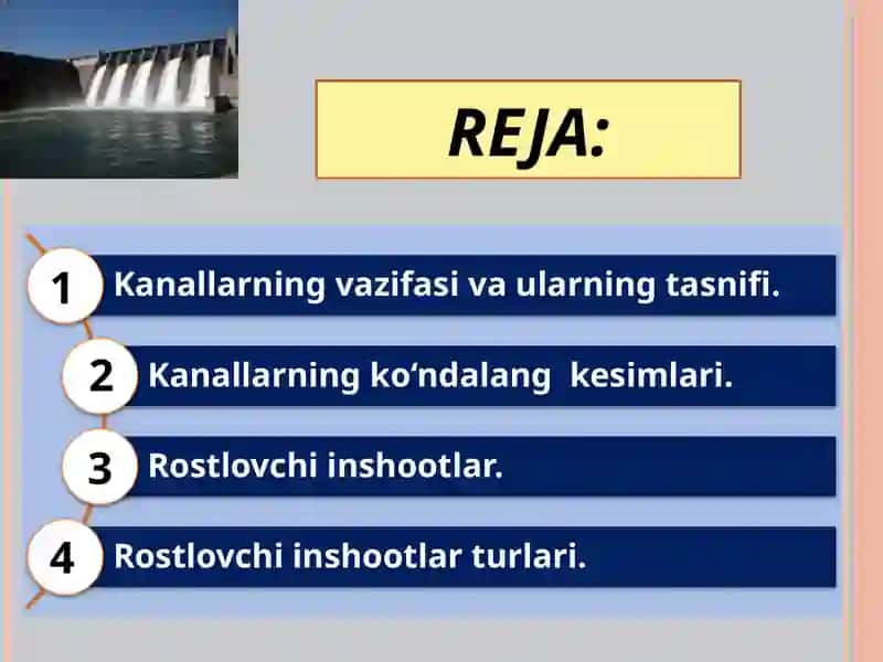 KANALLARDAGI SUV ROSTLOVCHI INSHOOTLAR. SUV ROSTLOVCHI INSHOOTLAR TURKUMLANISHI, ULARNING XUSUSIYATLARI VA SUG’ORISH TIZIMIDAGI ISH SHAROITLARI. 3