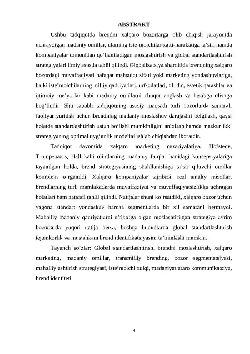 Brendni xalqaro bozorga moslashtirish va global standartlashtirish: madaniy omillar asosida tahlil. 3