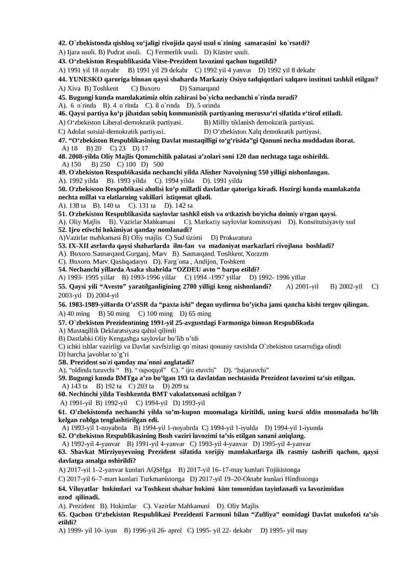 O’ZBEKISTONNING ENG YANGI TARIXI FANIDAN TESTLAR TO’PLAMI 3