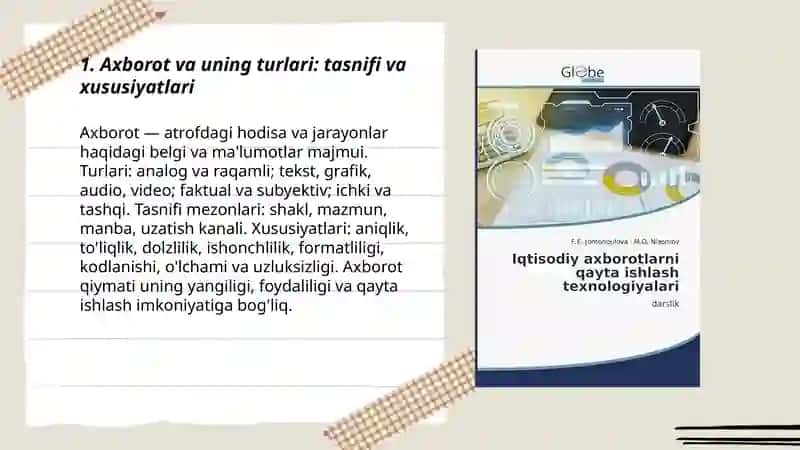 Axborotlarni qayta ishlash texnologiyalari va axborotning turlari 3