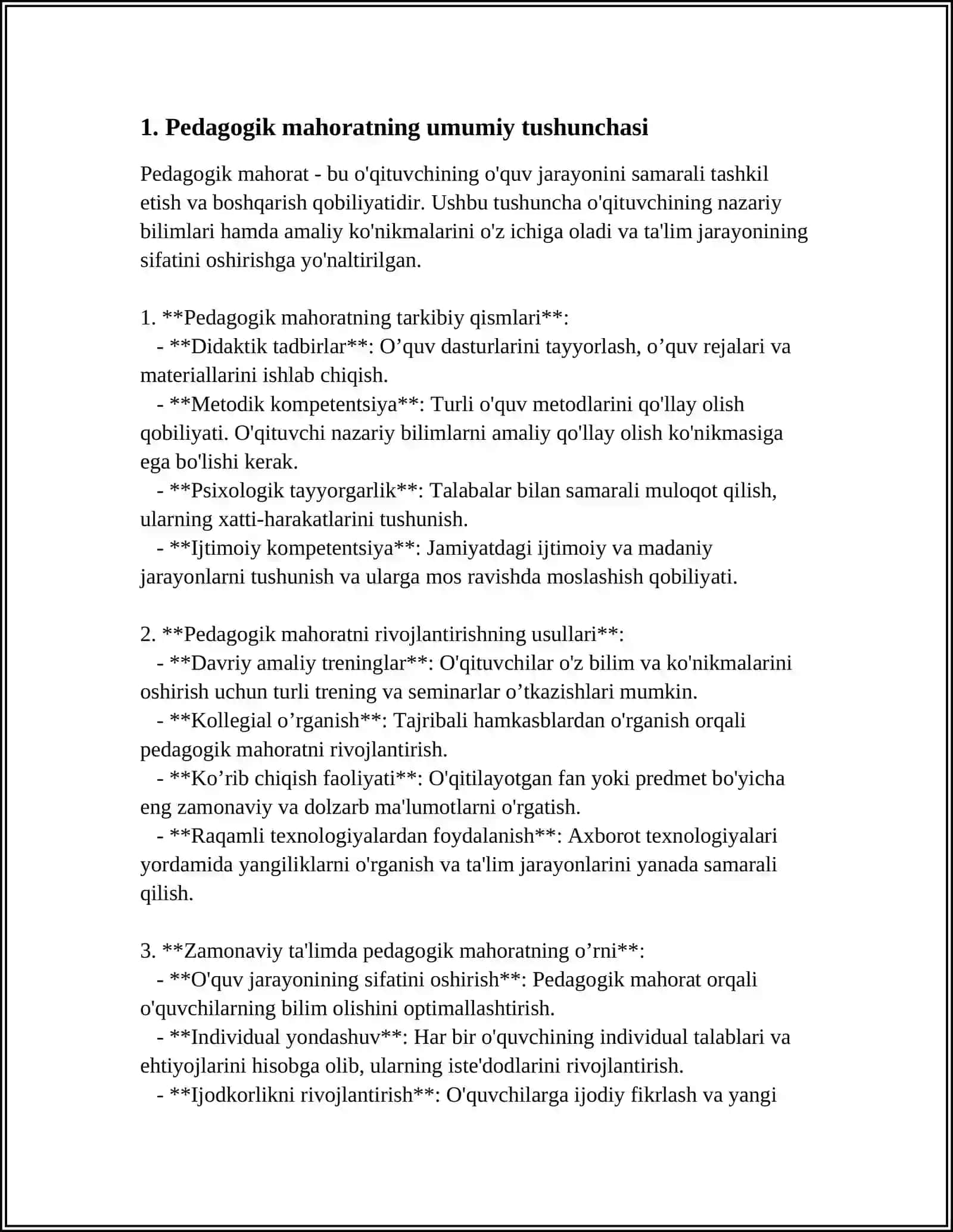 MUSTAQIL ISH Mavzu: PEDAGOGIK MAHORAT VA UNING OʻQITUVCHI FAOLIYATIDAGI AHAMIYATI 3
