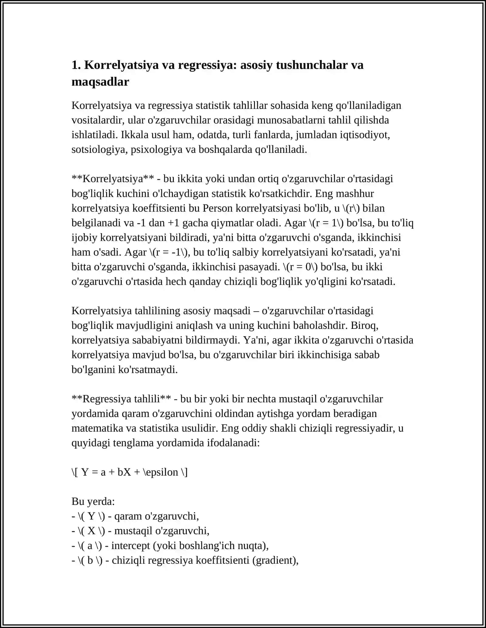 KORRELYATSION-REGRESSION TAHLIL O'ZARO BOG'LANISHLARNI STATISTIK O'RGANISH USULLARI 3