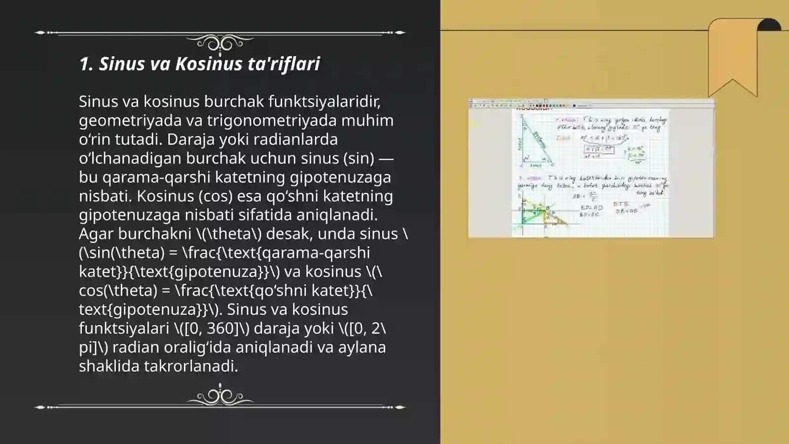 Ayni bir burchakning sinusi kosinusi tangensi orasidagi munosabatlar 3