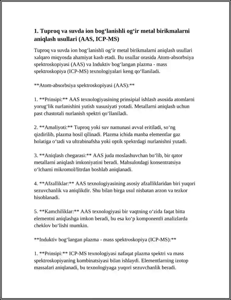 Tuproq va suvda ion bogʻlanishli ogʻir metal birikmalarni aniqlash usullari (AAS, ICP-MS) 3