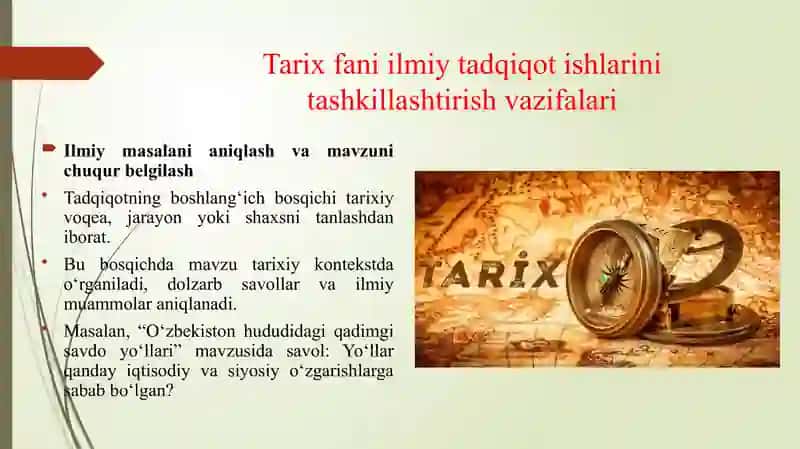 TARIX FANI ILMIY TADQIQOT ISHLARINI TASHKILLASHTIRISH VAZIFALARI 3