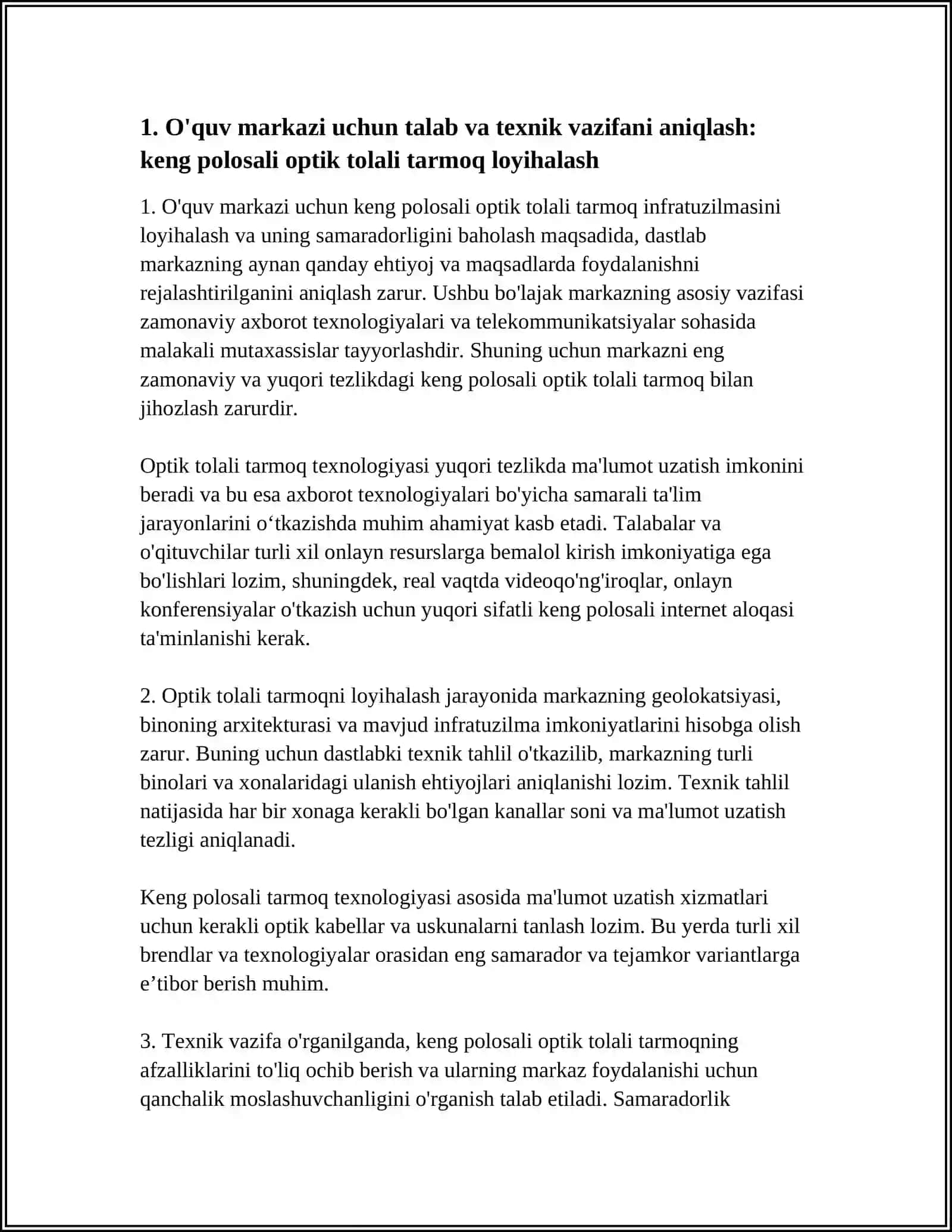IT ACADEMY O'GUV MARKAZI UCHUN KENG POLOSALI OPTIK TOLALI TARMOQ INFRATUZILMASINI LOYIHALASH VA UNING SAMARADORLIGINI BAHOLASH 3