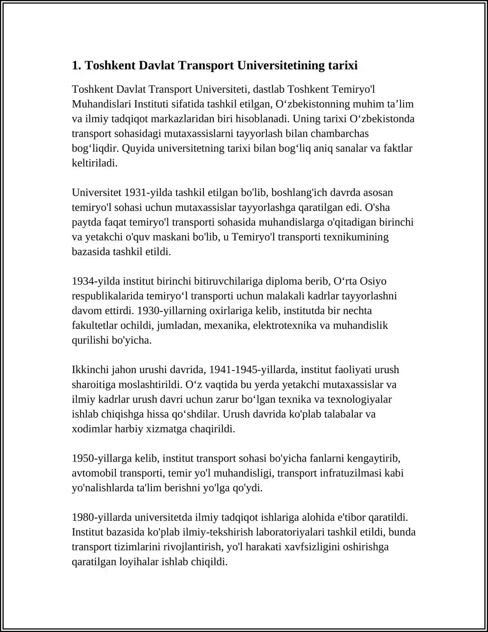 Toshkent Davlat Transport Universiteti Referat 3