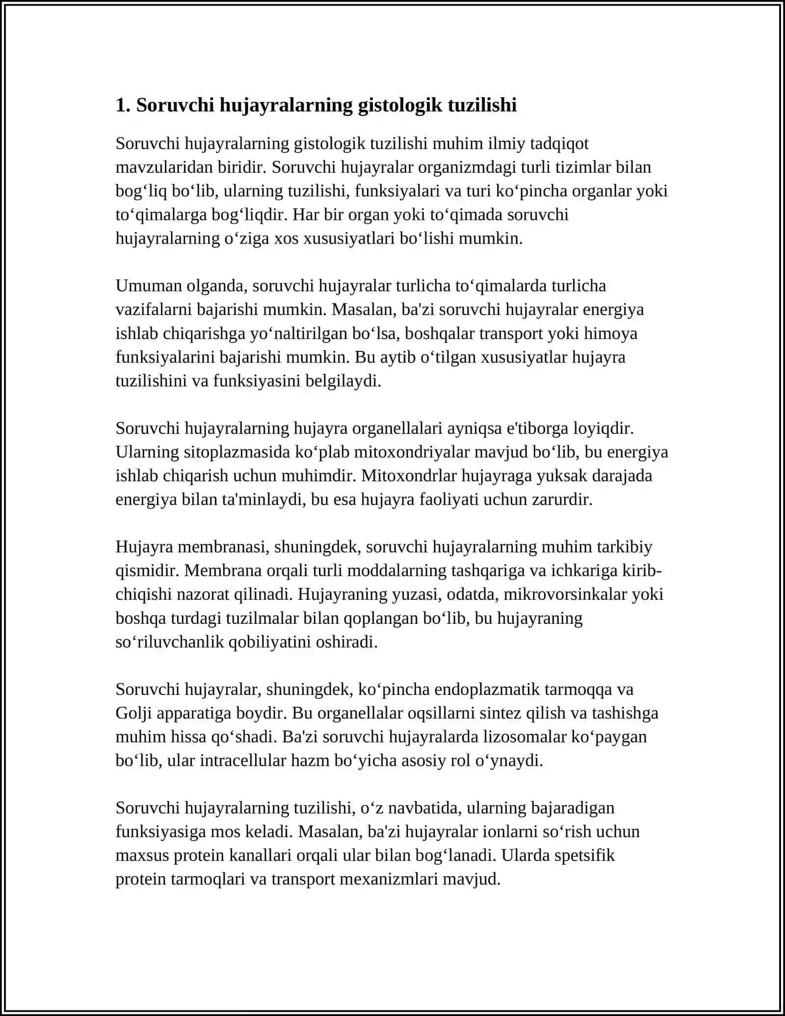 SORUVCHI,SEKRETOR,QISQARUVCHI HUJAYRALARNING IMPULS ÒTKAZUVCHI,IMPULS HOSIL QILUVCHI VA TRANSPORT HUJAYRALARING VAZIFASIGA KÒRA GISTOLOGIK TUZILISHIDAGI ÒZIGA XOSLIK 3