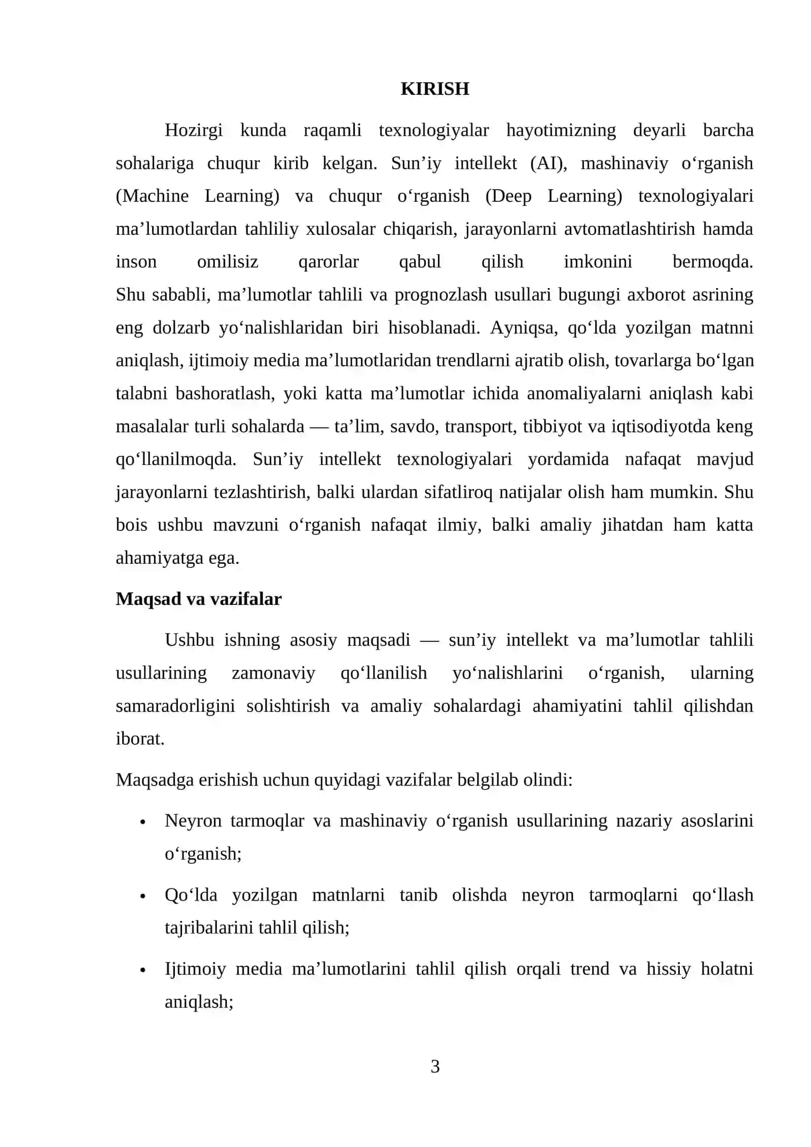 Qo‘lda yozilgan matrnii aniqlash uchun neyron tarmoqlardan foydalanish Trendlar va mashhur mavzularni aniqlash uchun ijtimoiy media ma’lumotlarini tahlil qiling Vaqt seriyalari usullaridan foydalangan holda tovarlarga bo‘lgan talabni prognozlash 3