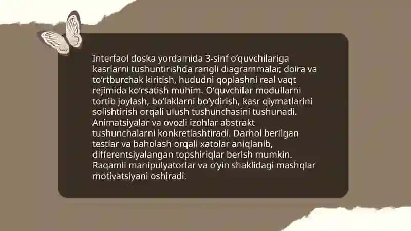 Boshlangʻich sinf oʻquvchilariga kasrlarni oʻrgatishda innovatsion texnologiyalardan foydalanish 3-sinf misolida 3