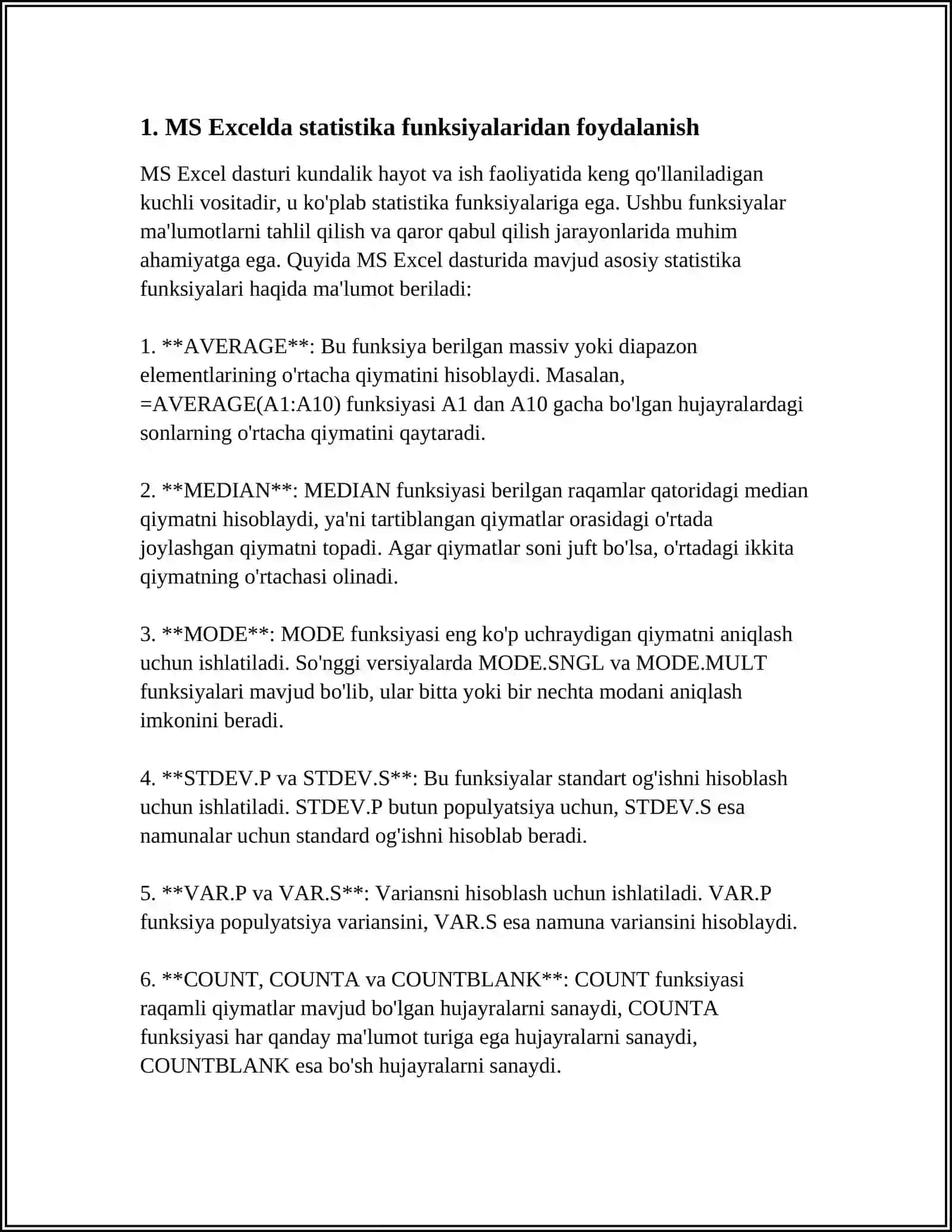 MS EXCEL DASTURINING STATISTIK TAHLILAR QILISH VA YECHIMLAR QIDIRISH FUNKSIYALARI BILAN ISHLASH 3