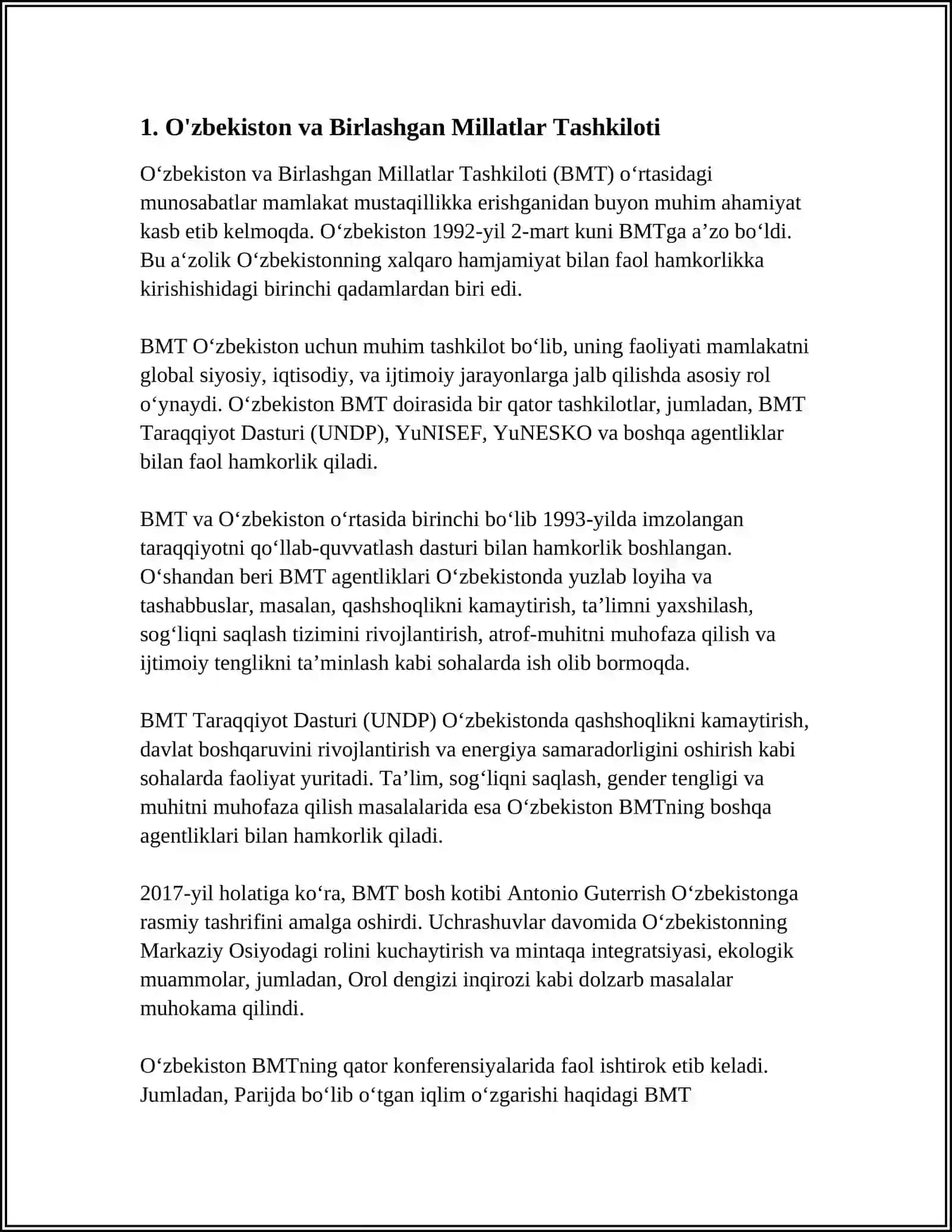 O'ZBEKISTONNING XALQARO TASHKILOTLAR BILAN HAMKORLIK ALOQALARI 3