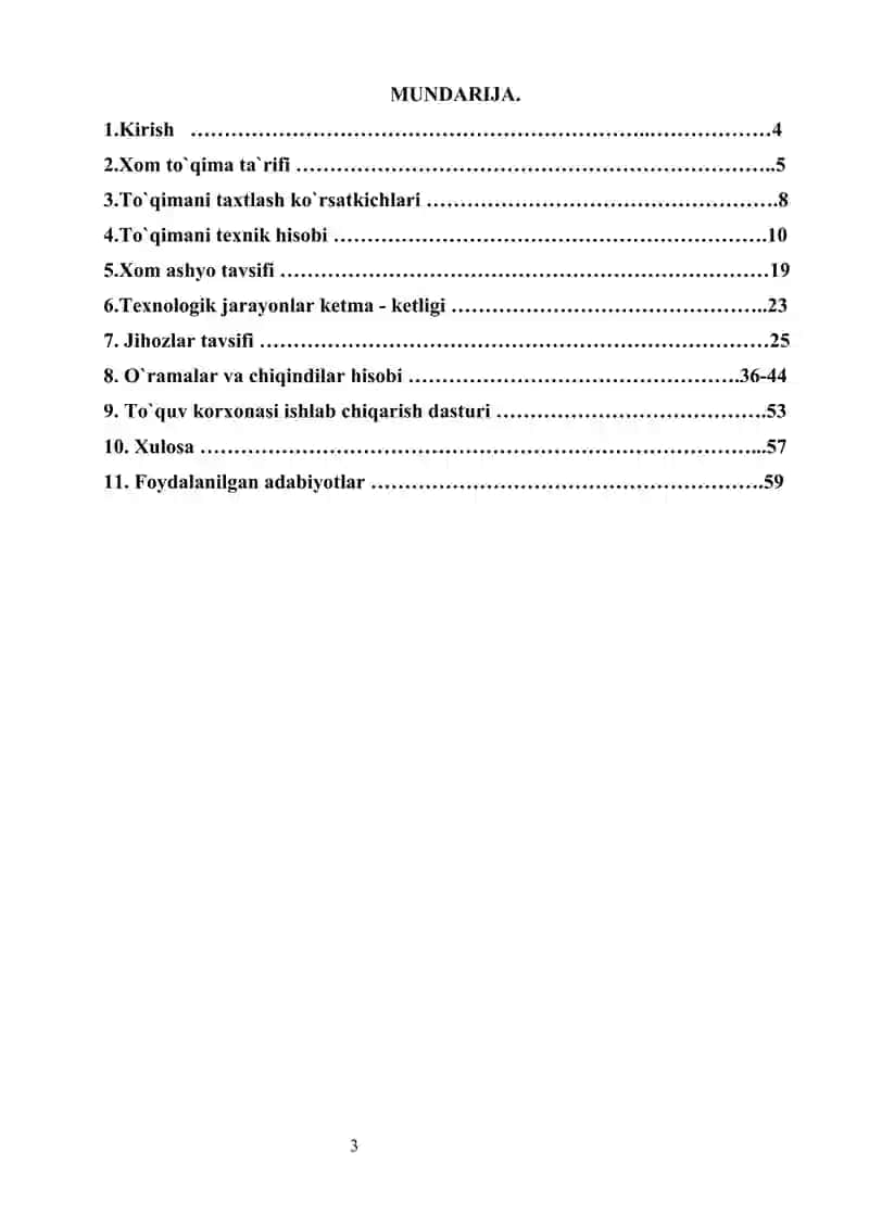 KURS ISHI                                                  Mavzu: Quvvati 3.1 mln. Pog. m. Art. 3616  xom  “ Sukno ”  matosini ishlab chiqarishga mo‘ljallangan  to‘quv korxonasining  texnologik  jarayonlarni  loyihalash. 3