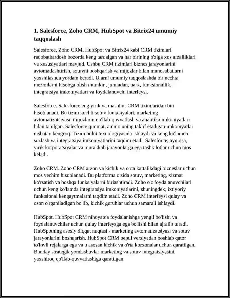 MASHHUR CRM TIZIMLARI: SALESFORCE, ZOHO CRM, HUBSPOT, BITRIX24 TAQQOSLANISHI 3