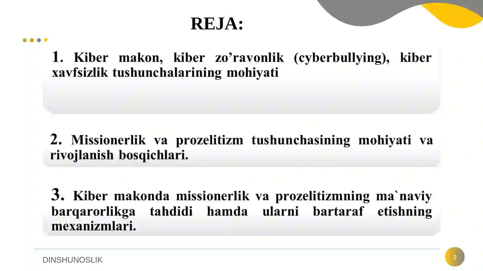 Adabiyotlar: Jalilov B. Dinlar falsafasi. O’quv qo’llanma 3