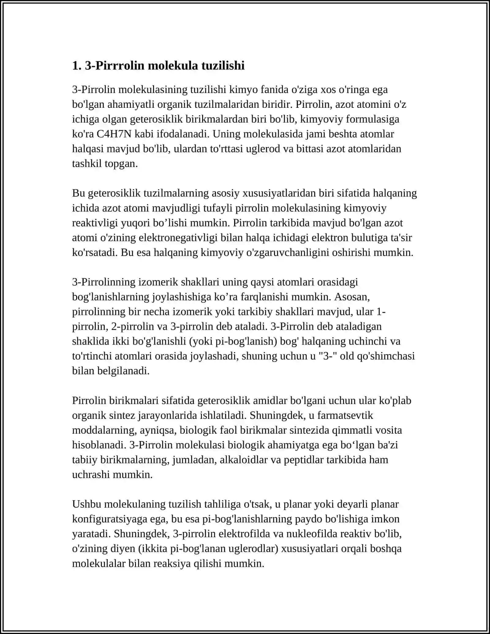 3-Pirrolin va uning birikmalarini-molekula tuzilishi, olinishi, xossalari va ishlatilishi 3