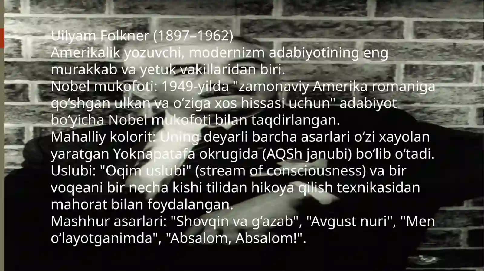 UILYAM FOLKNER VA O‘TKIR HOSHIMOV ASARLARIDA IJTIMOIY, PSIXOLOGIK VA FALSAFIY MASALALAR TALQINI 3