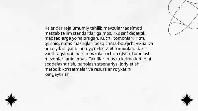 Musiqa madaniyati darslarining 1,2-sinflari uchun oʼquv qoʻllanmada berilgan kalendar rejani qayta ishlash 3