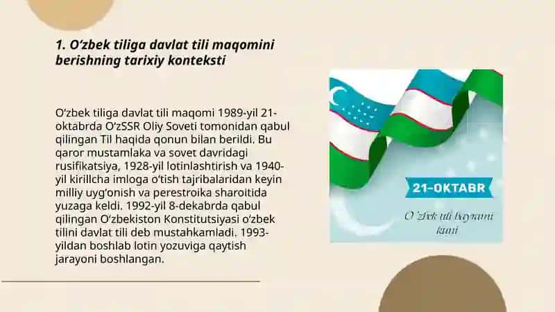 Oʻzbek tiliga davlat tili maqomining berilishi uning tarixiy axamiyati 3