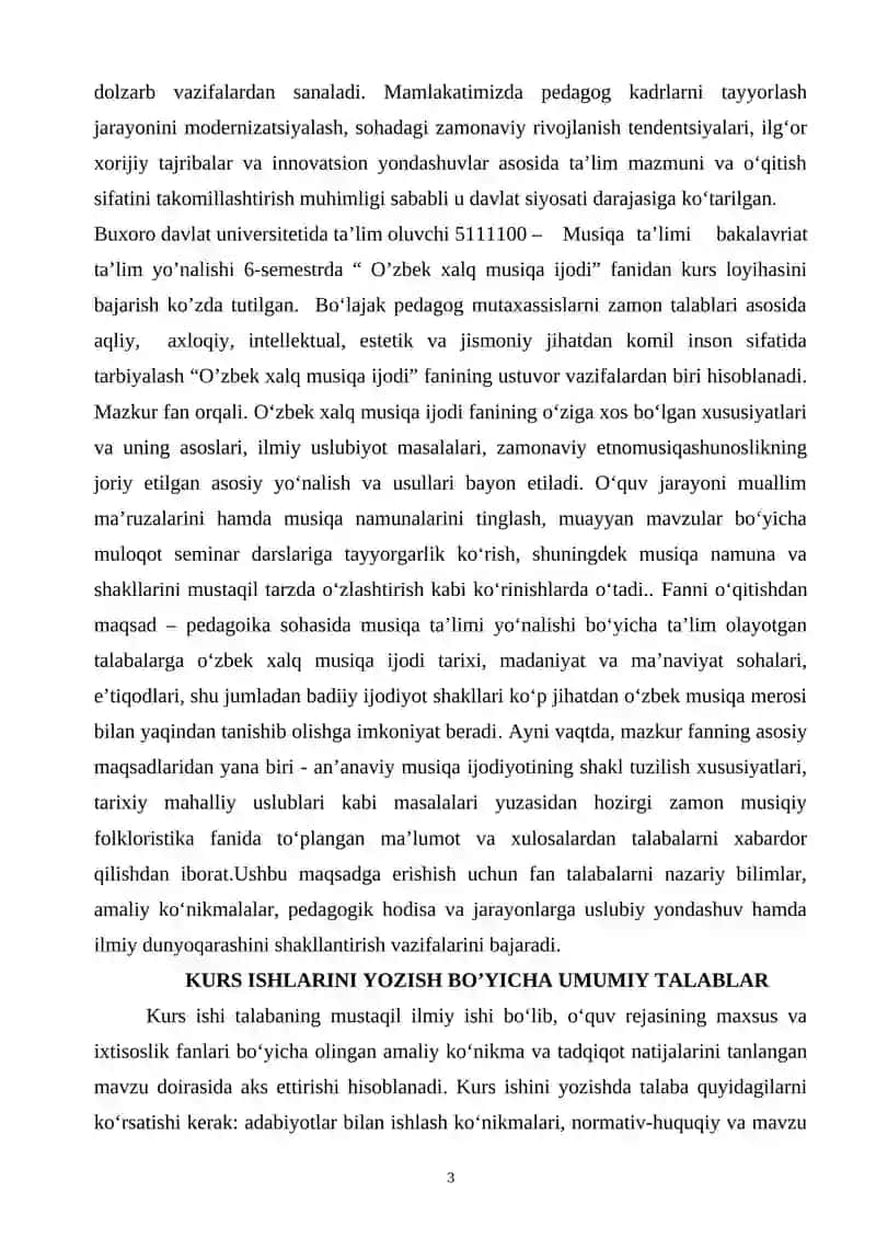 O’zbek xalq musiqa ijodi fanidan kurs ishi tayyorlash bo’yicha metodik ko’rsatma 3