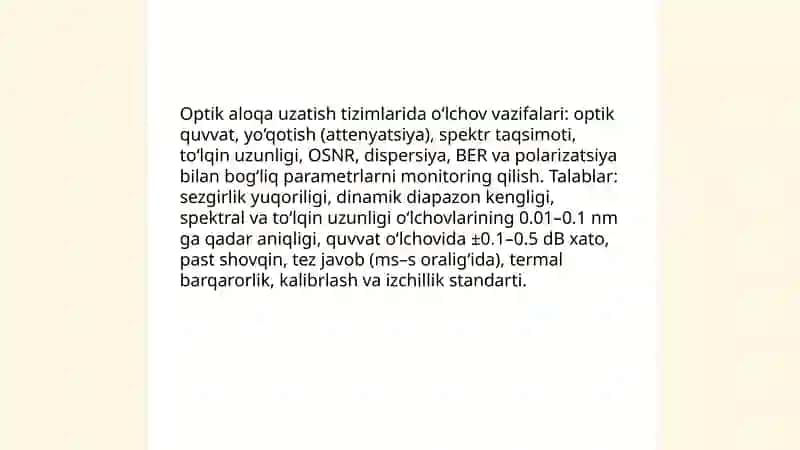 Optik aloqa uzatish tizimlarida o‘lchov vazifalari 3