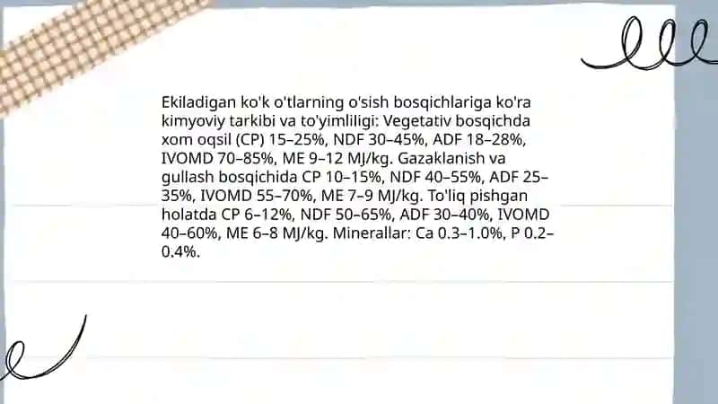 Ekiladigan kok o’tlarning kimyoviy tarkibi va toyimliligini o’rganish 3