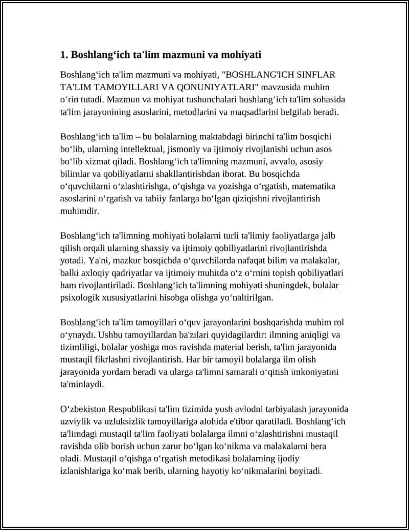 BOSHLANG'ICH TA'LIM MAZMUNI VA MOHIYATI. BOSHLANG‘ICH SINFLAR TA'LIM TAMOYILLARI VA QONUNIYATLARI REFERAT 3