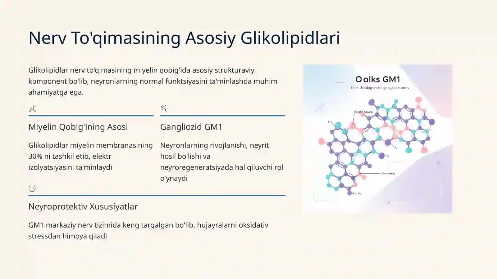 Nerv to'qimasining asosiy glikolipidlari, ahamiyati, ular bilan bog'liq kasalliklar. Neyromediatorlar biosintezi, ahamiyati va kasalliklari 3