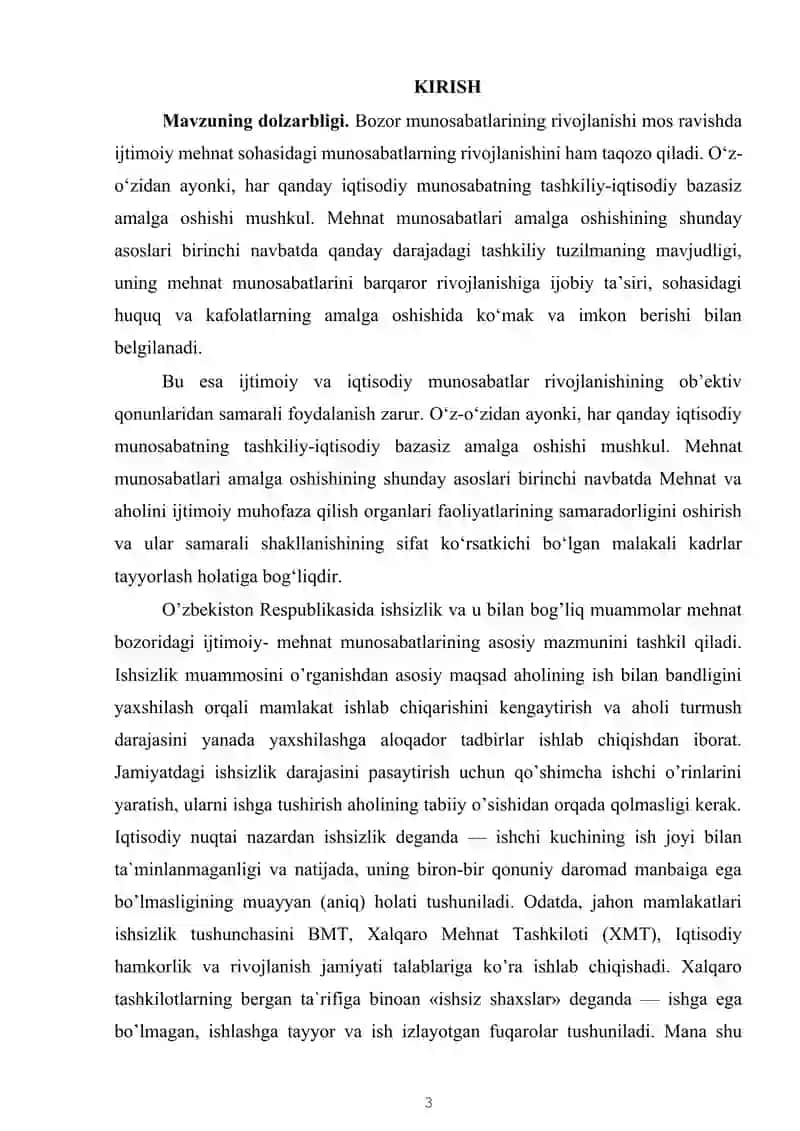 O'zbekiston Respublikasida mehnat bozorining shakllanishi va ishsizlikni o'ziga xos xususiyatlari. 3
