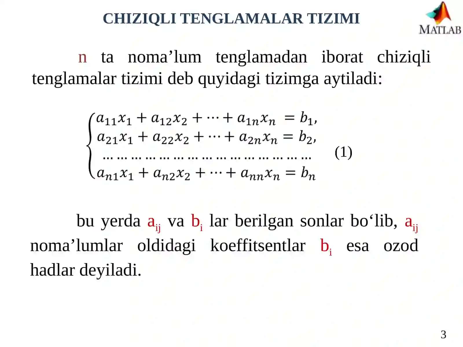 Matlab tizimida chiziqli algebrali tenglamalar sistemasini (CHATS) tadbiq etish va yechish 3