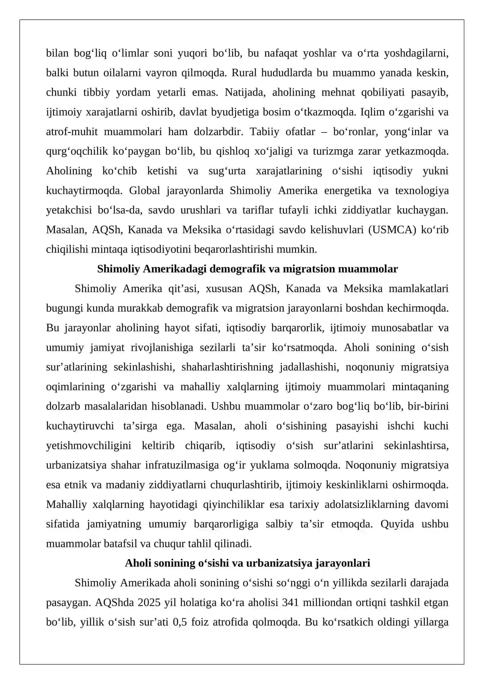 Shimoliy Amerika yuz tutayotgan bugungi kundagi dolzarb muammolar va ularning aholi hayotiga ko‘rsatayotgan ta’siri 3