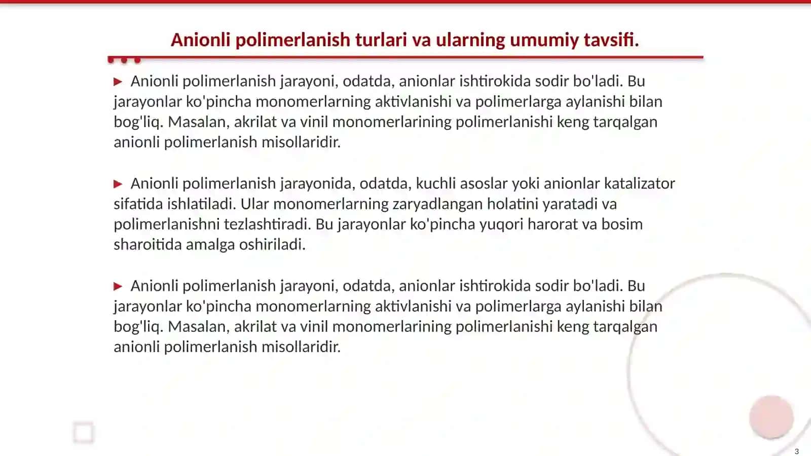 Anionli va kationli polimerlanish reaksiyalari va ularning oziga xos xususiyatlari 3