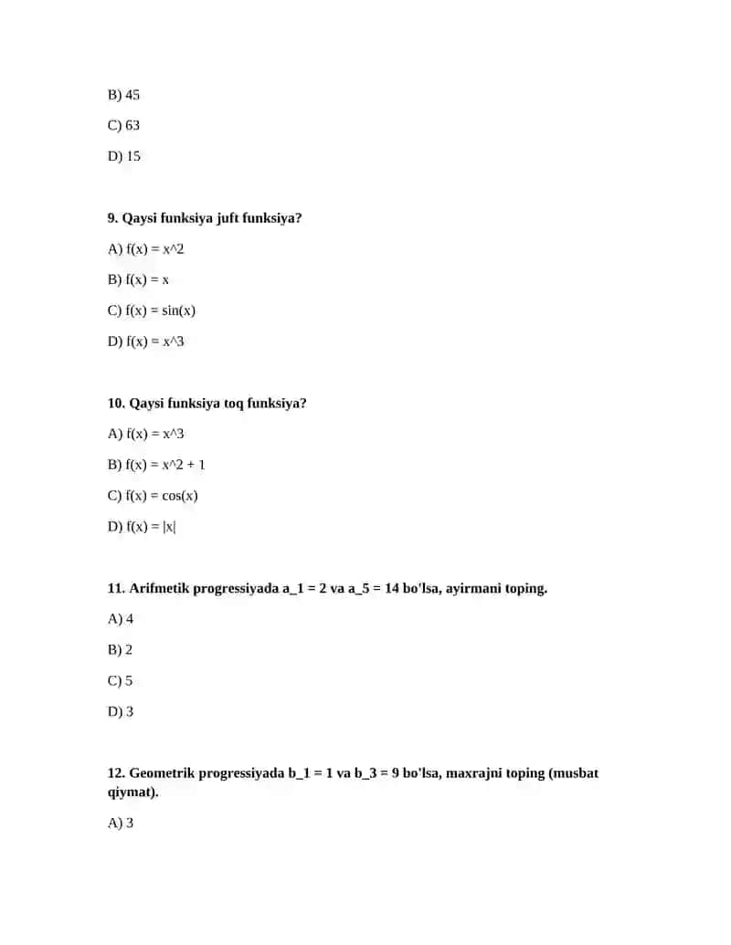 Arifmetik, geometrik progressiya, funksiyalar 3