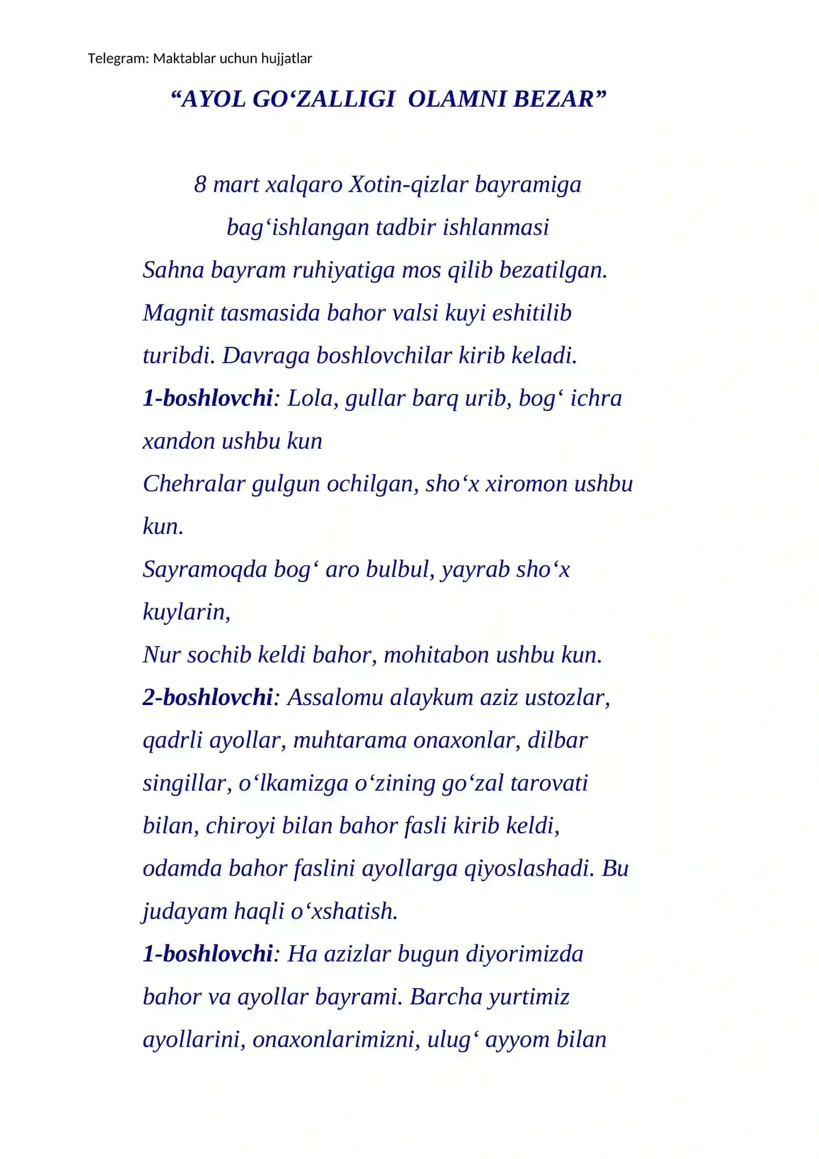 “8-mart xalqaro xotin-qizlar bayrami” senariysi 3